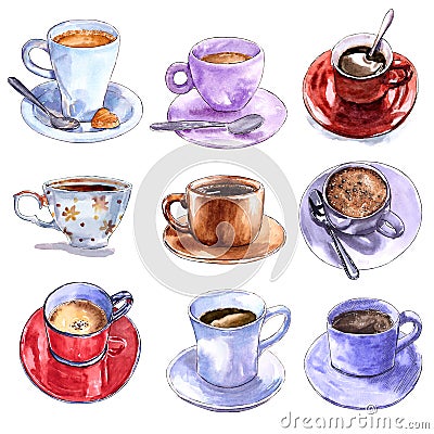 Set of different coffee cups, hand drawn watercolor illustration. Cartoon Illustration