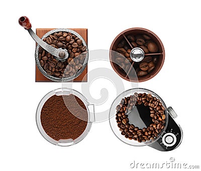 Set with different coffee grinders on white background, top view Stock Photo