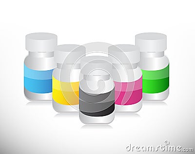 Set of different color medicine pill jars. Cartoon Illustration