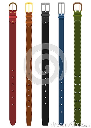 Set of different colored belts with buckles isolated on white background. Element of clothing design. Belt trouser in Vector Illustration