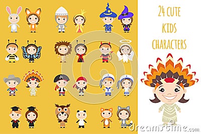 Set of different colorful cartoon kids characters in different costumes Vector Illustration