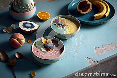 Set of different colorful desserts in bowls on multicolored background. Generative AI Stock Photo