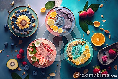 Set of different colorful desserts in bowls on multicolored background. Generative AI Stock Photo