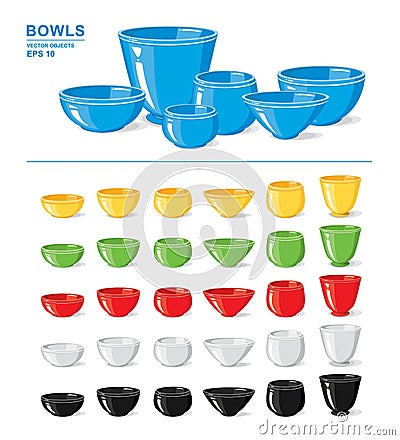 Set of different colorful empty bowls and crockery isolated on a white background. Kitchen objects Vector Illustration
