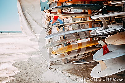 Set of different colorful surf boards Stock Photo