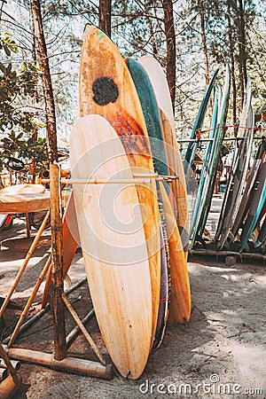 Set of different colorful surf boards in a stack Stock Photo