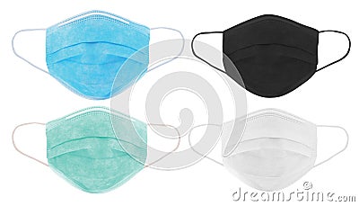 Set of 4 different colours of surgical protective mask to prevent coronavirus. Medical mask of various colours Stock Photo