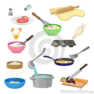 Set of different cooking processes. Vector illustration. Vector Illustration