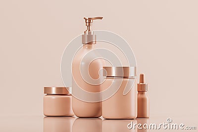 Set Different cosmetic bottles. Pump and floating bottle, liquid soap, shampoo dispenser, dropper. Blank Label. Cream or lotion on Stock Photo