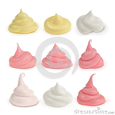 Set of different creams in side view. Pink, yellow, white cream, cosmetics, cream, ice cream, mayonnaise, sour cream Stock Photo