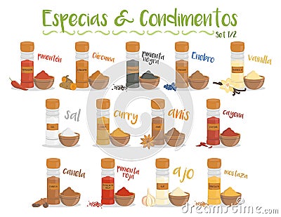 Set of 13 different culinary species and condiments in cartoon style. Set 1 of 2. Spanish names. Vector Illustration Vector Illustration