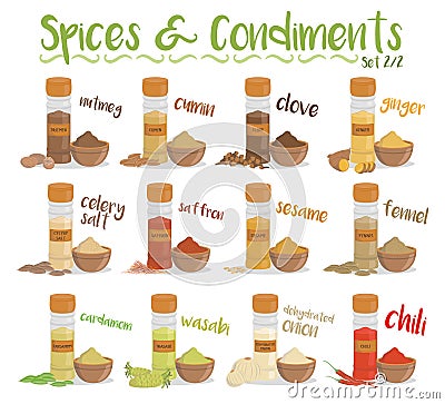 Set of 12 different culinary species and condiments in cartoon style. Set 2 of 2. Vector Illustration Vector Illustration