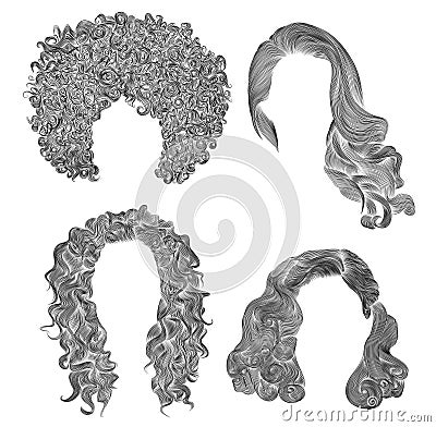 Set different curly hairs fashion beauty african style . fringe pencil drawing sketch . Vector Illustration