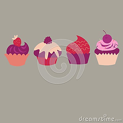 Set with different cute decorative fruitcakes and fruits Vector Illustration