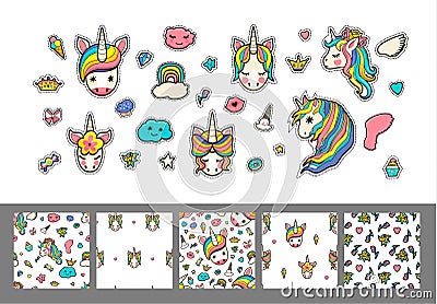 Set of different cute stickers unicorn faces with set pattern and decorations on a white background Vector Illustration