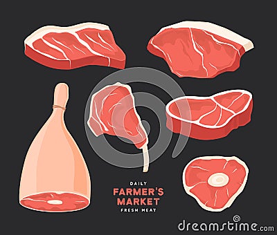 Set different cuts of meats. Pictures for concept of farmer`s market and shop. Vector Illustration