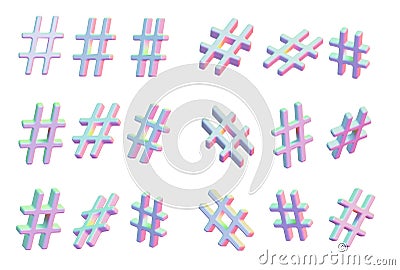 Set of different 3D number sign, sharp, hash, pound sign. Multicolored object isolated on white background Stock Photo