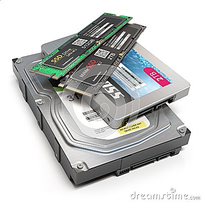 Set of different data storage devices. Hdd, ssd and ssd m2 isolated on white background Cartoon Illustration