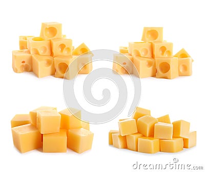 Set of different delicious cheese cubes on white Stock Photo