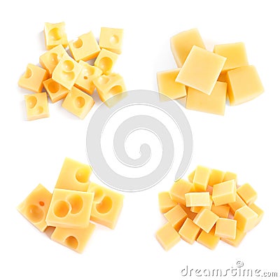 Set of different delicious cheese cubes on white background Stock Photo
