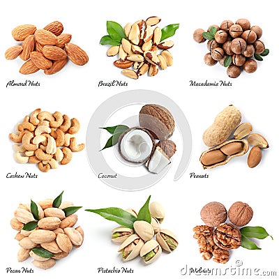 Set of different delicious organic nuts on white, top view Stock Photo