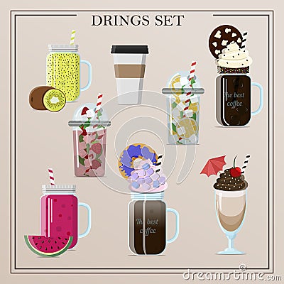 Set of different vector drinks cocktails, coffee, smoothies, tea, milkshake, lemonade, ice coffee. Flat illustration of Vector Illustration