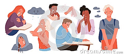 Set of different depressed crying people Vector Illustration