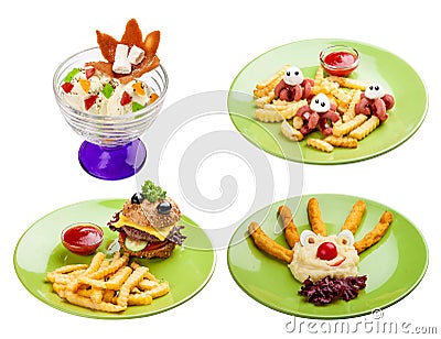 Set of different dishes of children`s menu. On white background. Meals for children Stock Photo