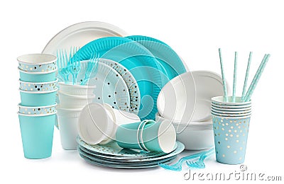 Set of different disposable tableware on white background Stock Photo