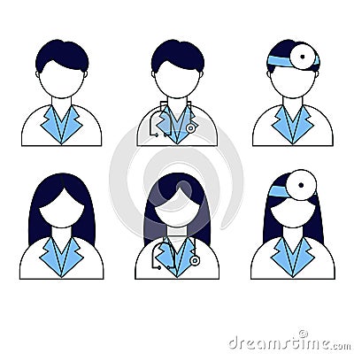 A set of different doctors in uniform. Man, woman in flat style Vector Illustration