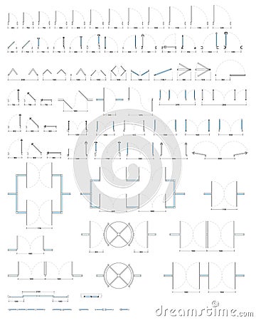 Set of different doors and windows with dimensions in plan view. Vector drawing. Isolated doors in the top view. Architectural Vector Illustration