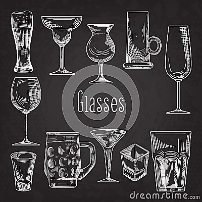 Set of Different Drink Glasses. Stemware Hand Drawn Doodle on Chalkboard Vector Illustration