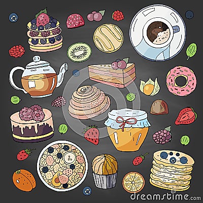 Set of different elements for breakfast morning on blackboard. Breakfast doodle collection Stock Photo