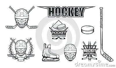 Set of different elements for hockey playing. Hockey helmet. Professional ice skates illustration. Skull with hockey helmet. Vector Illustration