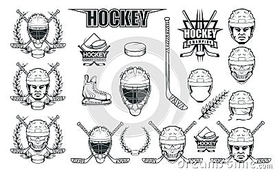 Set of different elements for hockey playing. Hockey helmet. Professional ice skates illustration. Skull with hockey helmet. Vector Illustration