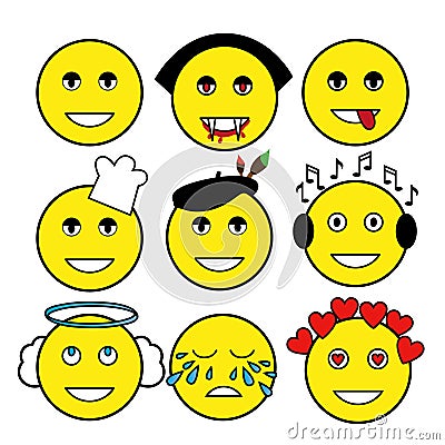 Set of different emoticons. Smiley: vampire, artist, chef, angel, music lover, smile, tears, love, bully. Stock Photo