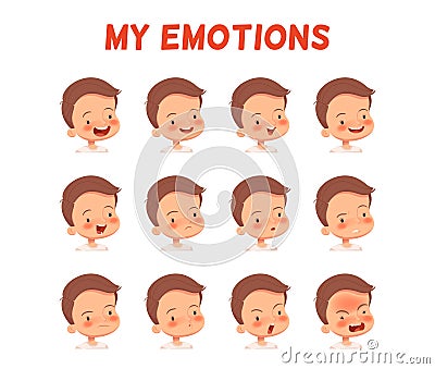 Set of different emotions of a boy. Poster for the development of emotional intelligence in children. Facial expressions Vector Illustration