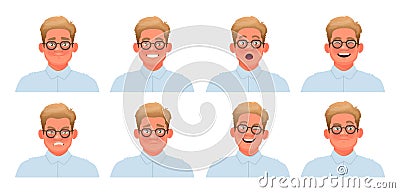 Set of different emotions business man. Happiness, surprise, anger, sadness. Collection of facial expressions Cartoon Illustration