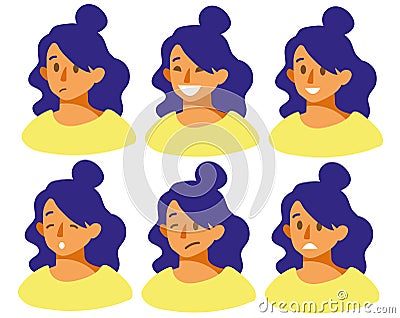 Set with different emotions on the girl s face joy, sadness, smile, anger, fear, irritation, laughter. Vector Illustration