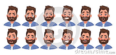 Set of different emotions male character. Handsome man emoji with various facial expressions Cartoon Illustration