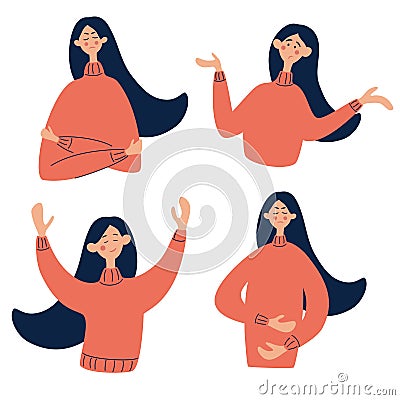 Set of different emotions young beautiful woman. Sadness, surprise, joy, pain Facial expression with various gestures isolated Vector Illustration