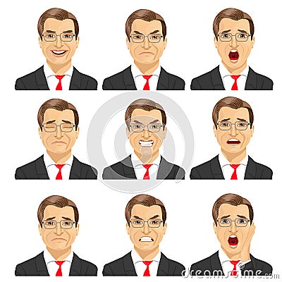 Set of different expressions of the same middle aged businessman with glasses Vector Illustration