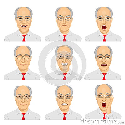 Set of different expressions of the same senior businessman with glasses Vector Illustration