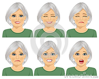 Set of different expressions of the same senior woman Vector Illustration