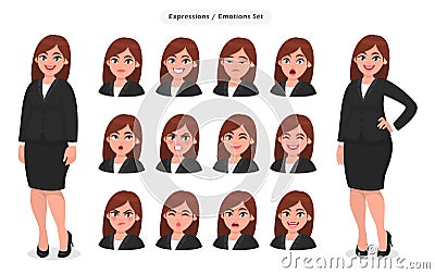 Set of different face expressions/emotions for female cartoon character. Beautiful woman emoji/avatar with various facial. Vector Illustration