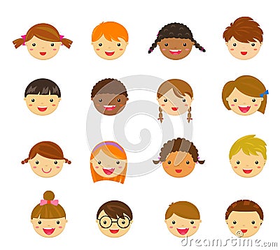 Set of different faces of boys and girls on a white background Vector Illustration