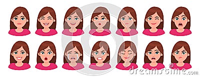 Set of different facial expressions female character. Collection of young woman feelings. Beautiful girl emoji Vector Illustration