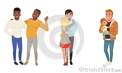 Set of Different Families with Kids, Happy Homosexual and Traditional Couples, Single Father with Son Cartoon Style Vector Illustration