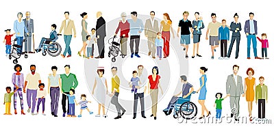 Set of different families, parents and children, generations isolated on white Vector Illustration