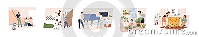Set of different family, couple and friend making home repair together vector flat illustration. Collection of various Vector Illustration
